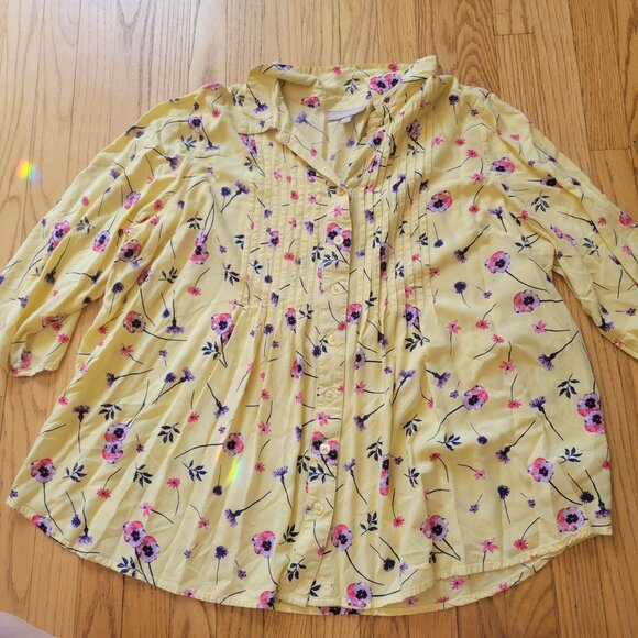 Woman Within Floral Button-Up Blouse Yellow With Pink & Purple Flowers Size 1X 2 - Picture 4 of 6